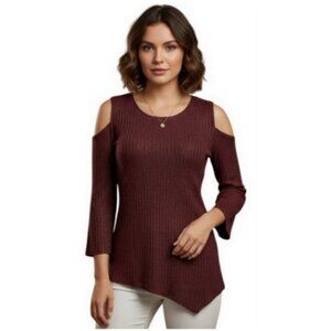 NY Collection Shimmery Cold Shoulder Long Sleeve Knit Women Top Blouse (S) NWT